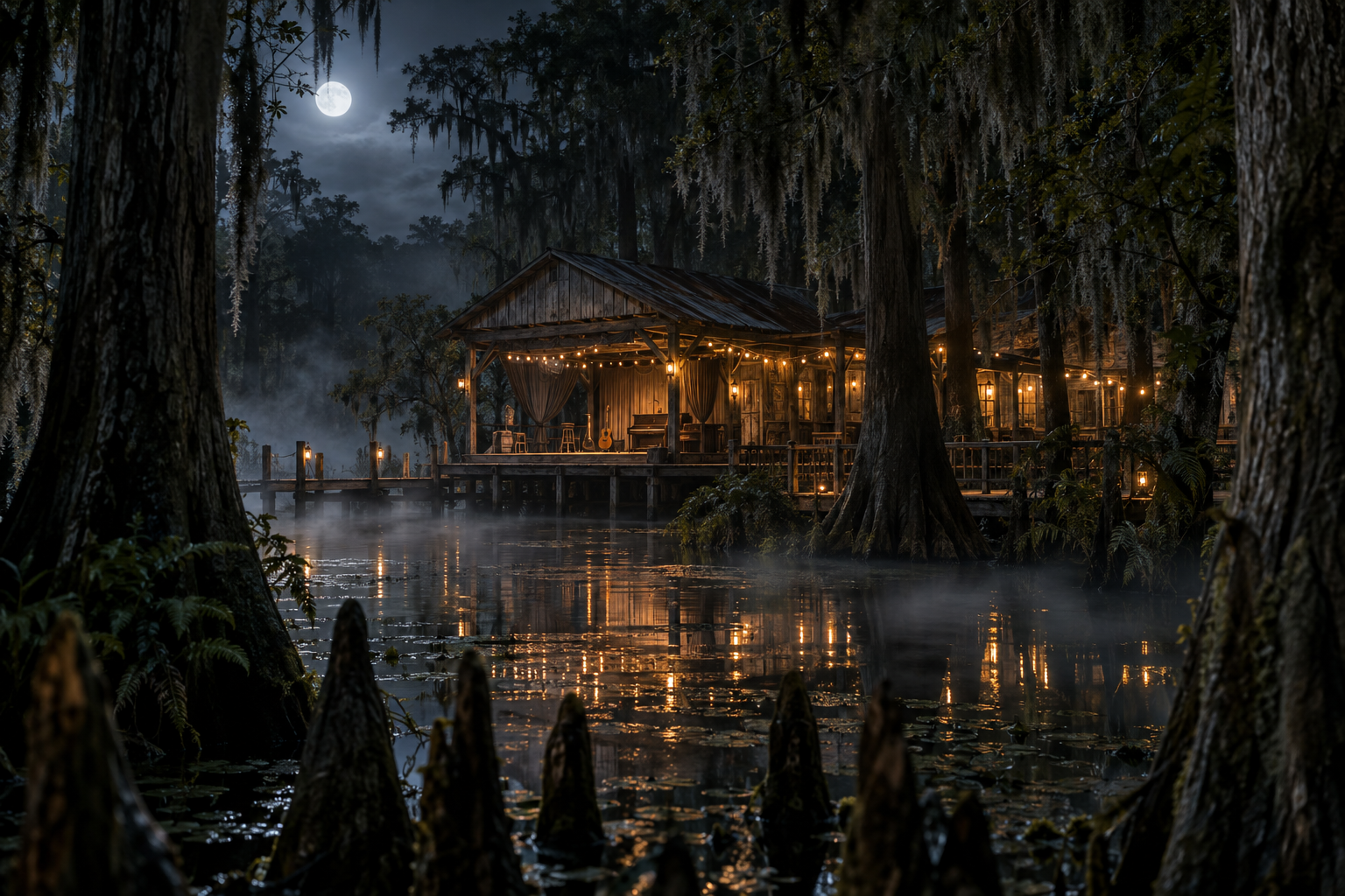 A moonlit bayou music venue glowing through cypress trees and fog